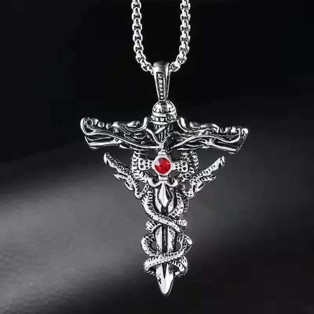 Vintage Double Dragon Sword Necklace for Men, BL55590007